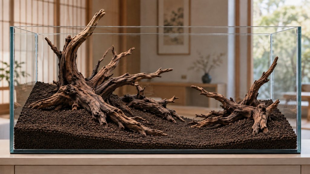 水草を植える前の90cm水槽にソイルと流木を配置したレイアウト