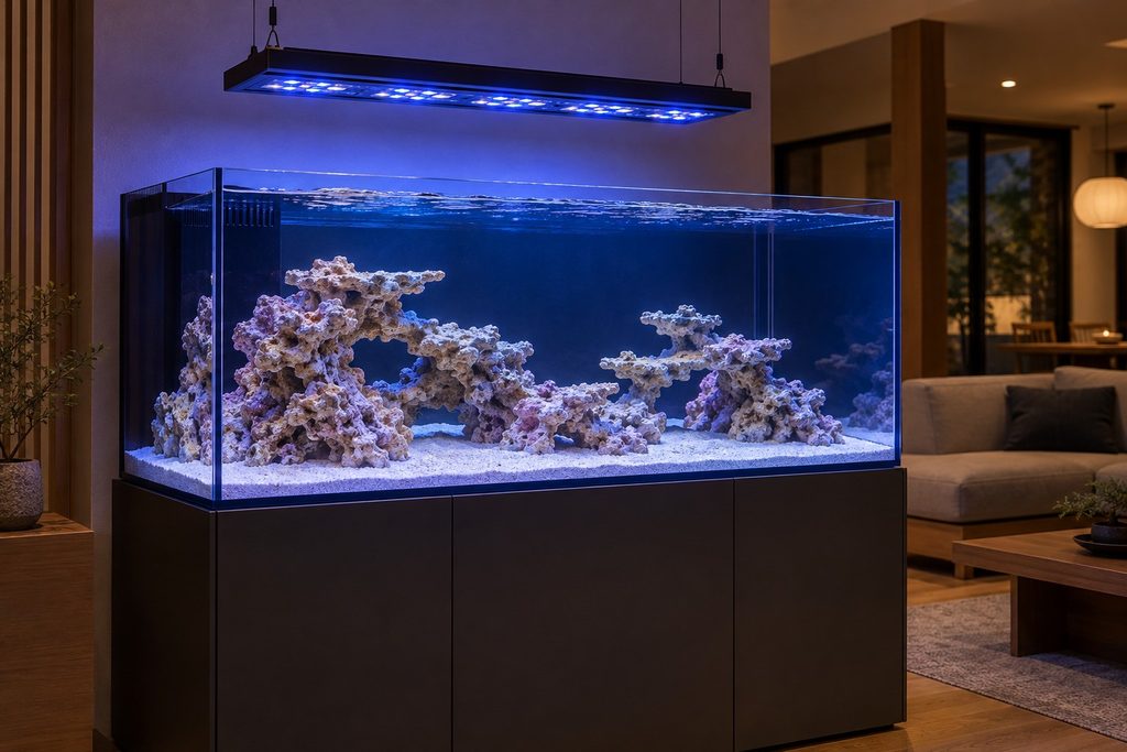 サンゴ砂とライブロックを配置した90cmオーバーフロー海水水槽