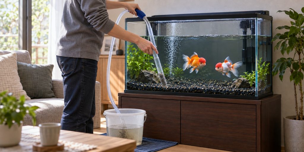 60cm水槽の大磯砂を掃除しながら水換えする様子